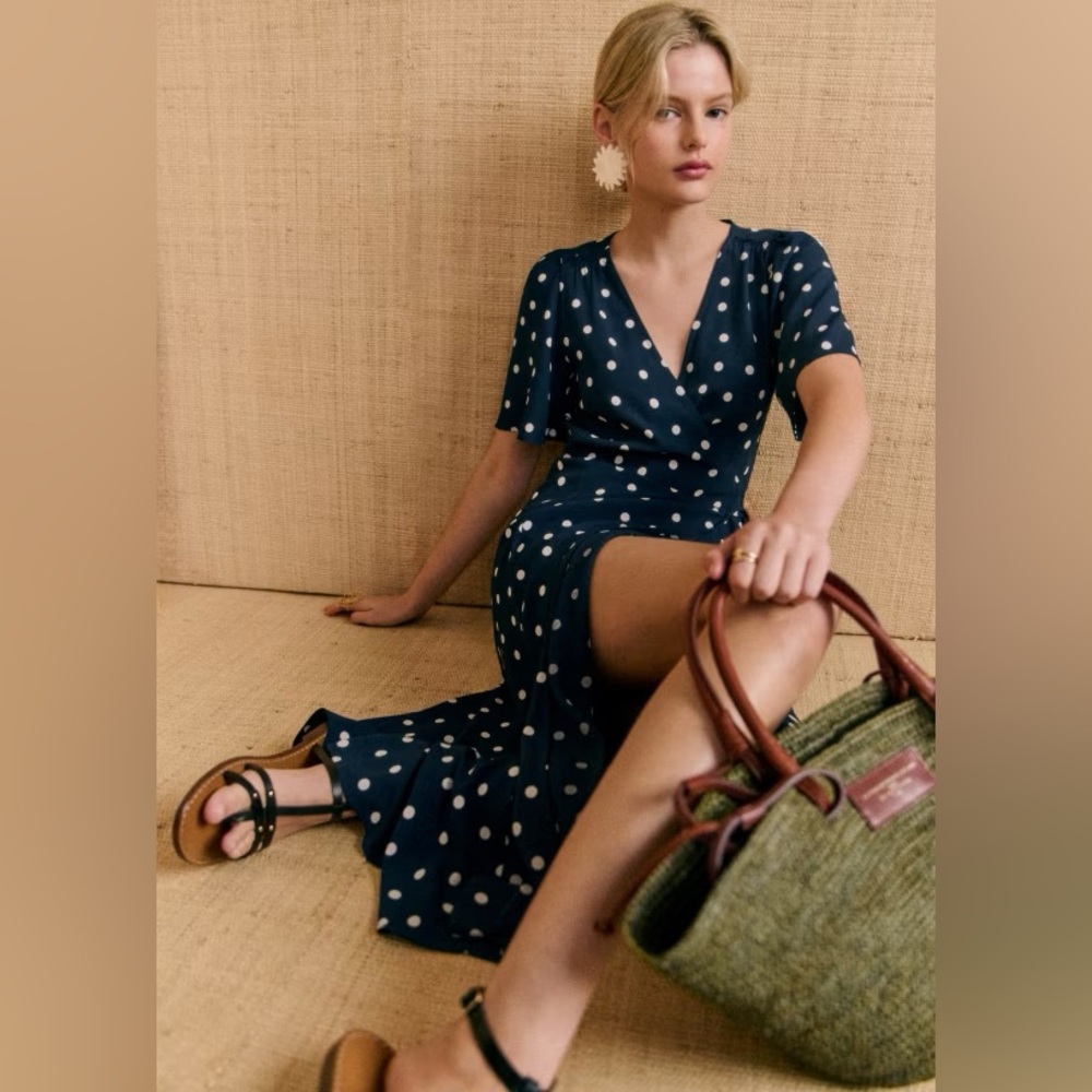 Sezane Sarah Wrap Dress in Navy Polka Dot